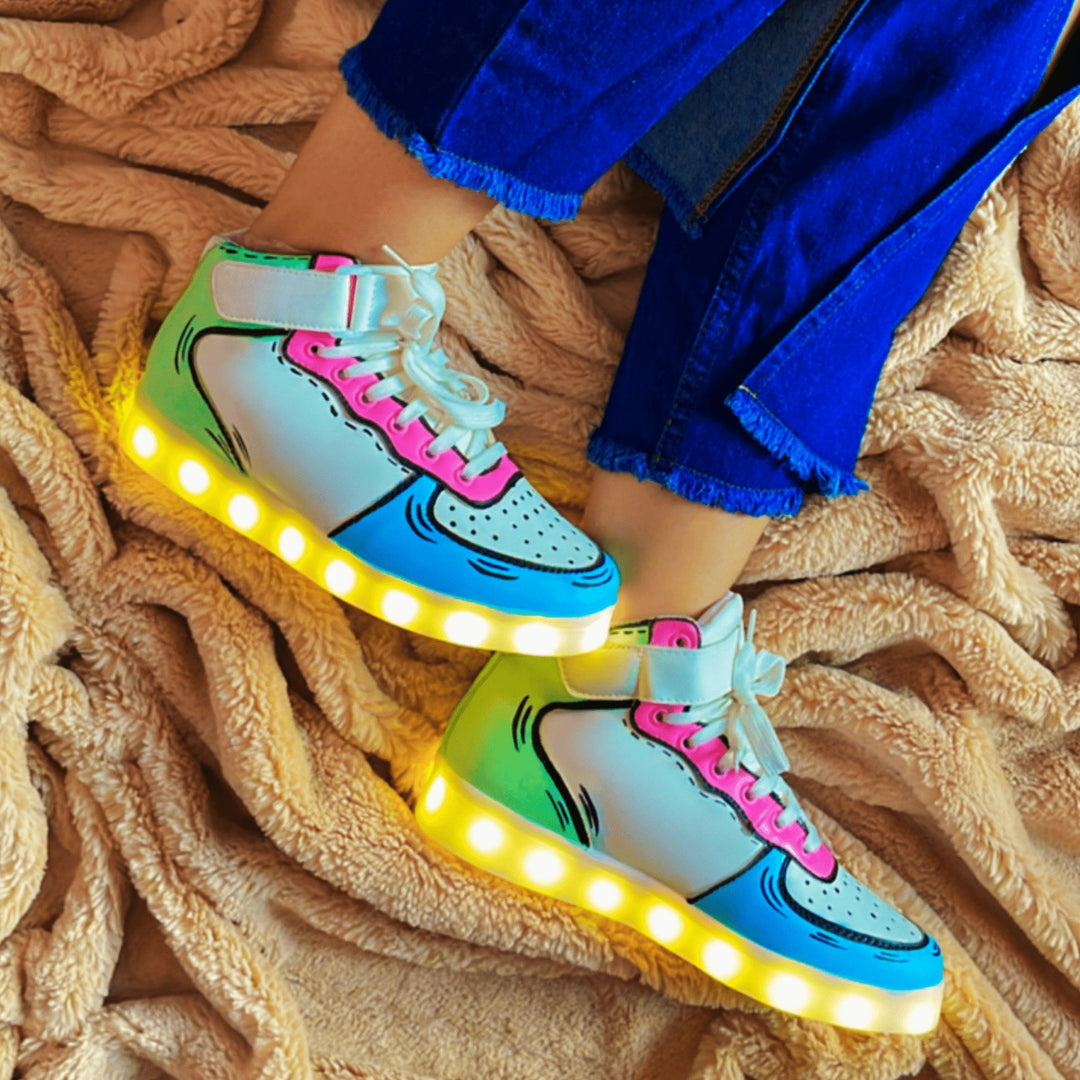 Light Me Up Sneakers - High Top (Color Block-Aqua) - The Quirky Naari