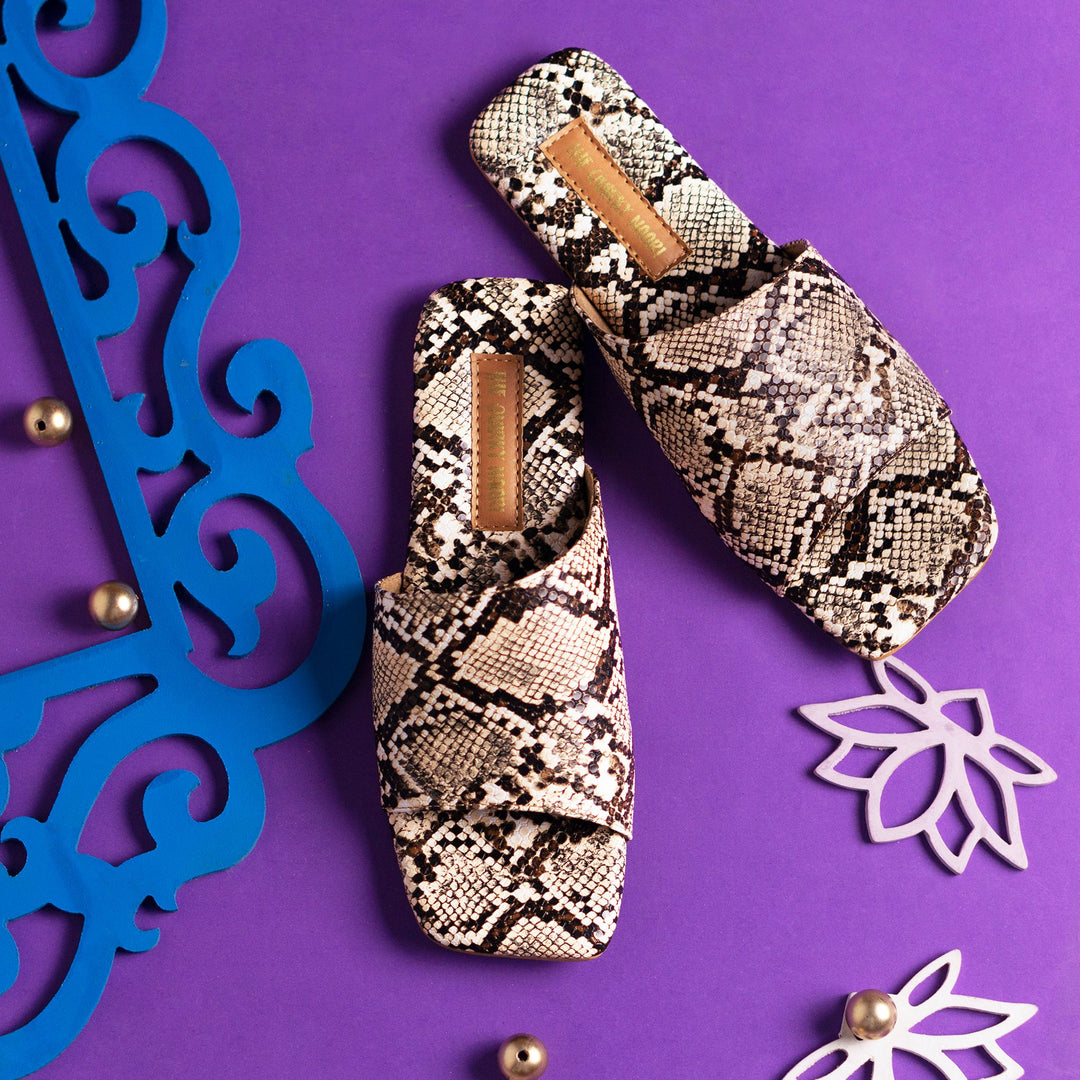 Snake Textured Sliders- Beige - The Quirky Naari